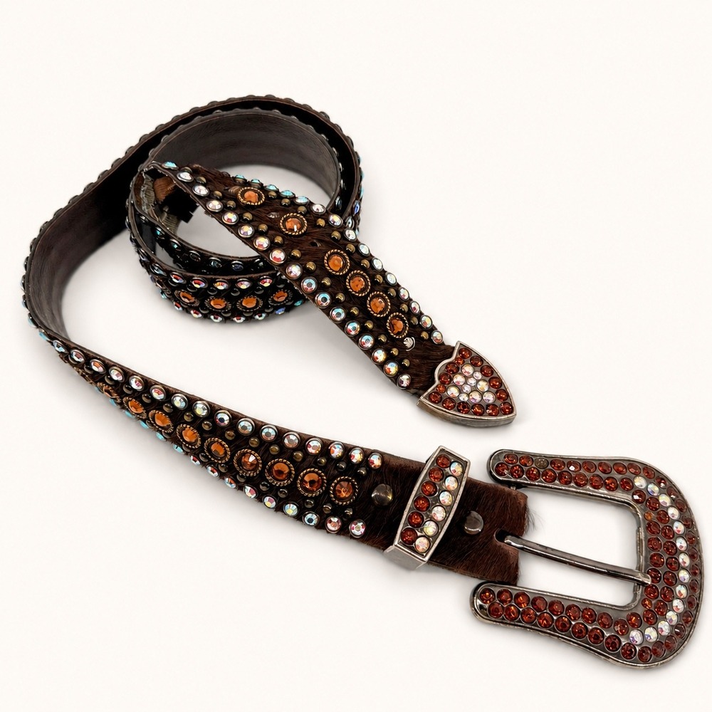 Kippys Handmade Hair-on-Hide Leather Western Belt Crystals Studded Bling READ
